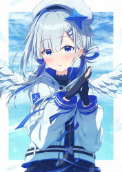 Rule 34 | 1girl, absurdres, amane kanata, amane kanata (work), angel wings, asymmetrical bangs, belt, beret, black dress, black gloves, blue belt, blue eyes, blue hair, blue sky, blue theme, blush, colored inner hair, commentary request, dress, feathered wings, gloves, grey hair, hair ornament, hairclip, hat, high collar, highres, hololive, jacket, long hair, long sleeves, looking at viewer, low twintails, mini wings, multicolored hair, official alternate costume, official alternate hair length, official alternate hairstyle, own hands clasped, own hands together, parted lips, partially fingerless gloves, purple eyes, rino kou, sky, solo, twintails, two side up, virtual youtuber, white hat, white jacket, white wings, wings