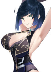 Rule 34 | 1girl, armpits, arms up, blue hair, blunt bangs, braid, breasts, cleavage, ear piercing, genshin impact, green eyes, highres, large breasts, looking at viewer, mitsukichi, mole, mole on breast, parted lips, piercing, short hair, simple background, smile, solo, upper body, white background, yelan (genshin impact)