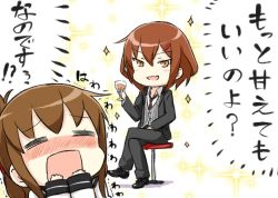 Rule 34 | 10s, 2girls, = =, alternate costume, bad id, bad twitter id, black footwear, blush, brown hair, buttons, commentary request, crossed legs, cup, cupping glass, drinking glass, engiyoshi, fang, folded ponytail, formal, hair ornament, hairclip, ikazuchi (kancolle), inazuma (kancolle), kantai collection, long hair, long sleeves, multiple girls, nanodesu (phrase), necktie, open mouth, pant suit, pants, rectangular mouth, school uniform, serafuku, shoes, short hair, sitting, smile, sparkle, suit, translation request, wine glass