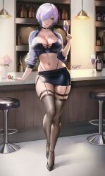 Rule 34 | 1girl, absurdres, alcohol, arm support, artist name, bar (place), bar stool, black choker, black footwear, black skirt, bottle, breasts, brid (nikke), brown thighhighs, choker, cleavage, closed mouth, clothing cutout, cocktail glass, counter, crop top, cropped jacket, cup, drinking glass, feikyart, flower, full body, garter straps, glass, goddess of victory: nikke, green eyes, green hair, grey hair, hair over one eye, high heels, highleg, highleg panties, highres, holding, holding flower, indoors, jacket, large breasts, light blush, lips, liquor, midriff, miniskirt, multicolored hair, navel, open clothes, open jacket, panties, pencil skirt, purple lips, red flower, red rose, rose, shiny skin, short hair, side cutout, skirt, solo, standing, stool, thigh strap, thighhighs, thighs, two-tone hair, underwear, wine, wine bottle, wine glass