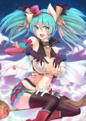 Rule 34 | 1girl, alternate breast size, animal ears, aqua eyes, aqua hair, boots, bow, breasts, broom, cat, cat ears, cat tail, cleavage, elbow gloves, fuya (tempupupu), garter straps, gloves, hair bow, hat, hatsune miku, kemonomimi mode, large breasts, long hair, mini hat, mini top hat, navel, night, open mouth, skirt, sky, smile, solo, star (sky), starry sky, tail, temp (artist), thighhighs, top hat, twintails, very long hair, vocaloid