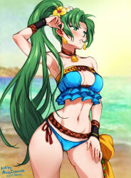 Rule 34 | 1girl, artist name, beach, bikini, blue bikini, blush, breasts, cleavage, collar, commentary, dated, earrings, english commentary, fire emblem, fire emblem: the blazing blade, fire emblem heroes, flower, green eyes, green hair, hair flower, hair ornament, jewelry, long hair, looking away, lyn (fire emblem), lyn (summer) (fire emblem), medium breasts, mina cream, navel, nintendo, official alternate costume, outdoors, ponytail, solo, stomach, swimsuit, very long hair, water, white flower, yellow flower