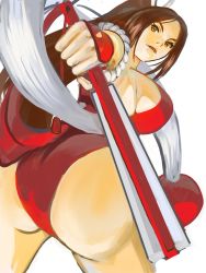 Rule 34 | 1girl, arm support, armpits, arms behind back, ass, ass focus, bare legs, bare shoulders, between legs, breasts, brown eyes, brown hair, cleavage, fatal fury, feet out of frame, green background, hand between legs, highres, japanese clothes, large breasts, long hair, looking at viewer, looking back, meke (77842928), ninja, no bra, open mouth, ponytail, revealing clothes, sash, shiranui mai, sideboob, simple background, smile, snk, solo, the king of fighters, thick thighs, thighs, white sash