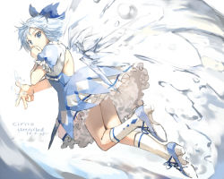 Rule 34 | 1girl, adapted costume, backless outfit, bad id, bad pixiv id, blue eyes, blue hair, bow, cirno, covering own mouth, dress, fancybetty, hair bow, hand over own mouth, high heels, ice, ice wings, looking at viewer, looking back, matching hair/eyes, ribbon, short hair, solo, touhou, wings
