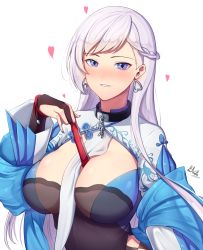 Rule 34 | 1girl, alternate costume, azur lane, band-width, belfast (azur lane), belfast (iridescent rosa) (azur lane), biting own lip, blue eyes, braid, breasts, chain, china dress, chinese clothes, cleavage, cleavage cutout, clothing cutout, collar, crown braid, dress, earrings, fingerless gloves, gloves, hand fan, heart, heart earrings, highres, jewelry, large breasts, nail polish, simple background, smile, swept bangs, upper body, white background, white hair