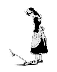 Rule 34 | 1girl, apron, benihana (suzushiro333), black hair, closed eyes, frilled apron, frilled skirt, frills, highres, long hair, looking down, maid, maid apron, maid headdress, original, shoes, skateboard, skateboarding, skirt, sneakers, solo, suzushiro (suzushiro333), white background