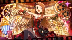 Rule 34 | black bow, black choker, black pantyhose, bow, brown hair, choker, dress, drink, film strip, food, forehead, frilled dress, frills, game cg, gloves, hair ornament, hat, idolmaster, idolmaster million live!, idolmaster million live! theater days, minase iori, mini hat, official art, outstretched arms, pantyhose, pink eyes, plaid, plaid dress, popcorn, red dress, red gloves, sitting