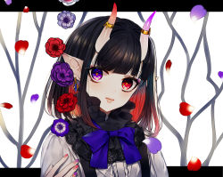 Rule 34 | 1girl, bad id, bad pixiv id, black hair, blue bow, blue bowtie, bow, bowtie, center frills, commentary, daimaou ruaeru, earrings, eyeshadow, flower, frilled shirt collar, frills, gradient background, gradient hair, grey background, hand up, head tilt, heterochromia, highres, horns, jewelry, lace trim, letterboxed, light particles, lips, looking at viewer, makeup, multicolored hair, nail polish, oni, oni horns, original, outside border, petals, pink nails, pointy ears, portrait, purple eyes, purple flower, purple nails, red eyes, red flower, red hair, shirt, short hair, sidelocks, solo, suspenders, white shirt