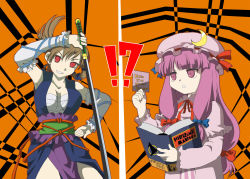 Rule 34 | 2girls, all-out attack, atlus, captain silver, crossover, female focus, long hair, low-tied long hair, multiple girls, name connection, orange background, parody, patchouli knowledge, persona, persona 4, romancing saga minstrel song, saga, touhou, yanagihara tantoui