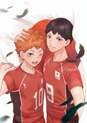 Rule 34 | 2boys, antweiyi, black feathers, black hair, blue eyes, cape, falling feathers, feathers, haikyuu!!, hand on another&#039;s head, headpat, hinata shouyou, holding, holding cape, holding clothes, kageyama tobio, looking at viewer, male focus, multiple boys, one eye closed, open mouth, orange eyes, orange hair, red shirt, shirt, short hair, smile, sportswear, teeth, upper body, volleyball uniform, white cape
