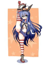 Rule 34 | 1girl, :3, ahoge, black hairband, black neckerchief, black panties, blue hair, blue sailor collar, blue skirt, commentary request, cosplay, crop top, elbow gloves, gloves, green eyes, hairband, highleg, highleg panties, izumi konata, kantai collection, long hair, looking at viewer, lucky star, microskirt, miniskirt, mizushima (p201112), mole, mole under eye, navel, neckerchief, orange background, panties, pleated skirt, sailor collar, shimakaze (kancolle), shimakaze (kancolle) (cosplay), skirt, smile, solo, split, standing, standing on one leg, standing split, star (symbol), starry background, striped clothes, striped thighhighs, thighhighs, underwear