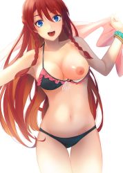 Rule 34 | 10s, 1girl, akame (akamiru), armpits, arms up, artist name, bikini, black bikini, blue eyes, blush, bracelet, braid, breasts, character name, cleavage, collarbone, commentary, copyright name, cowboy shot, earrings, frilled bikini, frills, front-tie bikini top, front-tie top, hair between eyes, happy, holding, holding sarong, jewelry, long hair, looking at viewer, medium breasts, multicolored hair, navel, nipples, open mouth, orange hair, re:creators, red hair, sarong, scrunchie, selesia upitiria, simple background, smile, solo, stud earrings, swimsuit, twin braids, twitter username, two-tone hair, very long hair, white background, wrist scrunchie