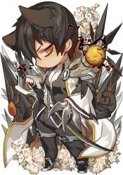 Rule 34 | animal ears, black hair, blade master (elsword), cat ears, cat tail, chibi, electricity, elsword, flower, holding, holding sword, holding weapon, male focus, mechanical arms, pika (kai9464), raven cronwell, single mechanical arm, spikes, standing, sword, tagme, tail, weapon