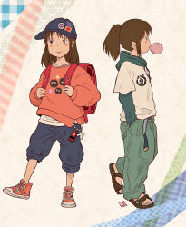Rule 34 | 1girl, backpack, bag, brown hair, chewing gum, hair tie, hands in pockets, hat, highres, hitomin (joutaro195), hood, hoodie, nail polish, ogino chihiro, patterned background, ponytail, red footwear, sandals, sen to chihiro no kamikakushi, solo, studio ghibli, sweater, white background