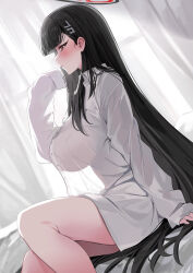 Rule 34 | 1girl, absurdres, black hair, blue archive, blunt bangs, blush, breasts, bright pupils, collared shirt, curtains, hair ornament, hairclip, halo, highres, large breasts, long hair, long sleeves, looking at viewer, red eyes, rio (blue archive), see-through silhouette, shirt, sitting, sleeves past fingers, sleeves past wrists, solo, sunlight, thighs, very long hair, yuki (asayuki101)