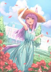 Rule 34 | 1girl, absurdres, alternate costume, animal ears, armpits, breasts, dress, ears through headwear, flower, green dress, hand on headwear, hat, highres, horse ears, horse girl, horse tail, long hair, looking at viewer, mejiro mcqueen (umamusume), outdoors, purple eyes, purple hair, sleeveless, sleeveless dress, small breasts, solo, straw hat, striped clothes, striped dress, sun hat, sundress, swept bangs, tail, tem (tempainting1), umamusume, vertical-striped clothes, vertical-striped dress