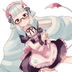 Rule 34 | 1girl, apron, black ribbon, blue hair, delmin (show by rock!!), glasses, hair ribbon, highres, holding, horns, long hair, looking at viewer, maid, maid apron, maid headdress, nyama, open mouth, paintbrush, red eyes, ribbon, show by rock!!, solo, tail, very long hair