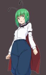 Rule 34 | 1girl, antennae, black background, blue pants, cape, cowboy shot, green eyes, green hair, highres, juliet sleeves, kakone, long sleeves, looking at viewer, open mouth, pants, puffy sleeves, red cape, shirt, short hair, simple background, solo, standing, touhou, white shirt, wriggle nightbug
