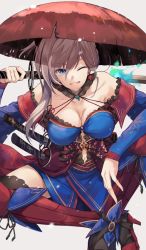 Rule 34 | 1girl, ;d, arm up, asymmetrical hair, bare shoulders, black thighhighs, blue eyes, blue kimono, boots, breasts, brown hair, cleavage, collarbone, earrings, fate/grand order, fate (series), gradient background, grey background, hair between eyes, hat, high heel boots, high heels, hirai yuzuki, holding, holding sword, holding weapon, indian style, japanese clothes, jewelry, kimono, kimono pull, knee boots, knee pads, large breasts, long hair, long sleeves, looking at viewer, miyamoto musashi (fate), miyamoto musashi (third ascension) (fate), navel, obi, off shoulder, one eye closed, open mouth, red footwear, red hat, sash, sheath, sheathed, sitting, smile, solo, sword, thighhighs, thighhighs under boots, tsurime, weapon