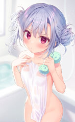 Rule 34 | 1girl, blurry, blurry background, blush, breasts, closed mouth, collarbone, commentary request, covering privates, double bun, grey hair, hair between eyes, hair bun, highres, holding, holding towel, indoors, looking at viewer, nude, nude cover, original, red eyes, ryouka (suzuya), small breasts, solo, towel, wet