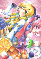 Rule 34 | 10s, 2girls, back-to-back, bad id, bad pixiv id, bare shoulders, beret, blonde hair, breasts, candy, cherry, cookie, detached sleeves, doughnut, drill hair, fingerless gloves, food, fruit, gloves, hair ornament, hair ribbon, hat, icing, kiwi (fruit), large breasts, lollipop, long hair, magical girl, mahou shoujo madoka magica, mahou shoujo madoka magica (anime), mouth hold, multiple girls, orange (fruit), pleated skirt, ponytail, red eyes, red hair, ribbon, sakura kyoko, satsuki suzuran, shirt, sitting, skirt, strawberry, striped clothes, striped legwear, striped thighhighs, swirl lollipop, taut clothes, taut shirt, thighhighs, tomoe mami, tongue, vertical-striped clothes, vertical-striped thighhighs, yellow eyes