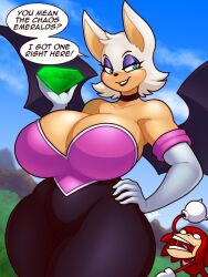 Rule 34 | 1boy, 1girl, aqua eyes, bare shoulders, bat wings, blazbaros, breasts, chaos emerald, choker, cleavage, curvy, elbow gloves, eyeshadow, female focus, furry, furry female, gloves, hand on own hip, huge breasts, knuckles the echidna, makeup, rouge the bat, sonic (series), speech bubble, thick thighs, thighs, white hair, wide hips, wings