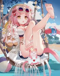 Rule 34 | 1girl, animal ears, arknights, ball, barefoot, beach, beachball, braid, breasts, chair, cleavage, cloud, dog ears, dog girl, dog tail, dorsiflexion, eyewear on head, feet, feet up, flower, goldenglow (arknights), goldenglow (summer flowers) (arknights), hat, highres, holding, holding clothes, holding footwear, large breasts, legs, letter, looking at viewer, open mouth, outdoors, palm tree, pink hair, pink tail, samele otaku, short hair, shorts, sitting, sky, soles, solo, summer, sun hat, swimsuit, tail, toes, tree, v, water, yellow eyes