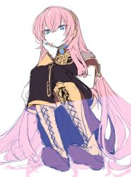 Rule 34 | 1girl, armband, black shirt, black skirt, blue eyes, boots, commentary, cross-laced footwear, expressionless, from below, gold footwear, gold trim, hand on own cheek, hand on own face, highres, kkr rkgk, knee boots, lace-up boots, long hair, megurine luka, pink hair, shirt, short sleeves, sketch, skirt, solo, squatting, very long hair, vocaloid, white background