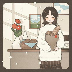 Rule 34 | 1girl, bag, basket, blush, border, bread, brown border, brown hair, brown skirt, closed eyes, closed mouth, commentary, cowboy shot, day, facing viewer, flower, food, groceries, highres, holding, holding bag, indoors, medium hair, nahara saki, original, painting (object), paper bag, plaid, plaid skirt, plant, potted plant, red flower, skirt, sleeves past wrists, smile, solo, standing, sunlight, sweater, symbol-only commentary, white sweater, window shadow