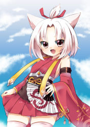 Rule 34 | 1girl, :d, animal ears, animal print, azur lane, bad id, bad pixiv id, bare shoulders, blue sky, breasts, butterfly print, cat ears, clothes lift, cloud, cloudy sky, day, detached sleeves, dot nose, eyebrows, facing away, fang, folding fan, from side, hair intakes, hair ribbon, hand fan, haori, holding, holding fan, japanese clothes, legs apart, lifting own clothes, long sleeves, looking at viewer, miniskirt, one side up, open mouth, outdoors, pink eyes, pink thighhighs, pleated skirt, red ribbon, red skirt, ribbon, shouhou (azur lane), skindentation, skirt, skirt lift, sky, sleeves past wrists, small breasts, smile, solo, thighhighs, tongue, tsurime, white hair, wide sleeves, yellow ribbon, yukemuri (pixiv13311422), zettai ryouiki