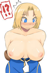 Rule 34 | !?, 1girl, ^^^, arms behind back, assisted exposure, bad id, bad pixiv id, bare shoulders, blonde hair, blue eyes, blush, breasts, collarbone, cursor, embarrassed, female focus, final fantasy, final fantasy tactics, large breasts, leaning forward, looking down, monk, monk (fft), nipples, short hair, simple background, solo, surprised, sweatdrop, tsukudani (coke-buta), wavy mouth, white background, wide-eyed