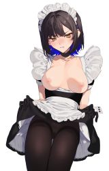 Rule 34 | 1girl, 2l (2lsize), absurdres, black gloves, black hair, black pantyhose, blue hair, blush, breasts, breasts out, clenched teeth, clothes lift, frills, gloves, highres, lifting own clothes, looking at viewer, maid, maid headdress, medium breasts, multicolored hair, nipples, original, pantyhose, short hair, simple background, skirt, skirt lift, solo, teeth, two-tone hair, white background, yellow eyes