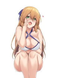 Rule 34 | 1girl, bikini, blush, breasts, brown hair, cleavage, collarbone, girls&#039; frontline, green eyes, hair between eyes, hair ribbon, hair rings, hand up, highres, large breasts, leaning forward, long hair, looking at viewer, o-ring, o-ring top, official alternate costume, open mouth, ponytail, ribbon, sidelocks, simple background, sitting, smile, solo, spicy moo, springfield (girls&#039; frontline), springfield (stirring mermaid) (girls&#039; frontline), swimsuit, thighs, white background, white bikini