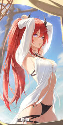 Rule 34 | 1girl, absurdres, arknights, bikini, black bikini, breasts, cleavage, criss-cross halter, detached sleeves, halterneck, highres, horns, long hair, long sleeves, looking at viewer, medium breasts, navel, official alternate costume, outdoors, ponytail, purple eyes, red hair, resolution mismatch, solo, source smaller, surtr (arknights), surtr (colorful wonderland) (arknights), swimsuit, thigh bow, thigh strap, three twosix, tying, very long hair