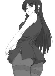 Rule 34 | 00s, 1girl, ass, black hair, breasts, clothes lift, covered erect nipples, greyscale, hiiragi kaname, long hair, looking back, medium breasts, monochrome, nee chanto shiyou yo!, nee chanto shiyou yo! 2, panties, panties under pantyhose, pantyhose, shichimenchou, simple background, skirt, skirt lift, solo, thighband pantyhose, underwear, upskirt