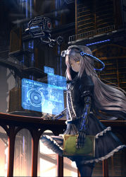 Rule 34 | 031-chan (ryosios), 1girl, barcode, barcode tattoo, black dress, black pantyhose, book, bookshelf, cable, cowboy shot, cyberpunk, dress, frilled dress, frills, gothic lolita, grey hair, head-mounted display, headdress, headgear, highres, holding, holding book, holographic interface, holographic monitor, library, light frown, lolita fashion, long hair, looking at viewer, mecha musume, mechanical arms, mechanical hands, orange eyes, original, pantyhose, parted bangs, puffy short sleeves, puffy sleeves, railing, robot, ryosios, scenery, science fiction, short sleeves, solo, sunlight, tattoo, visor, walkway