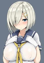 Rule 34 | 10s, 1girl, blue eyes, blush, breast suppress, breasts, eyes visible through hair, female focus, gloves, hair ornament, hair over one eye, hairclip, hamakaze (kancolle), kantai collection, large breasts, mitsukazu (nijigen complex), school uniform, serafuku, short hair, silver hair, simple background, solo, sweat, upper body, white gloves