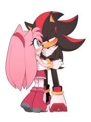 Rule 34 | 1boy, 1girl, alternate eye color, amy rose, animal ears, animal nose, aqua eyes, back, bare shoulders, black fur, blush, body fur, boots, bracelet, breasts, closed mouth, dress, eyelashes, full body, furry, furry female, furry male, gloves, gold bracelet, hairband, half-closed eyes, hands up, hedgehog, hedgehog ears, hedgehog girl, hedgehog tail, hetero, high heels, highres, jewelry, looking at another, medium breasts, open mouth, pink dress, pink fur, red eyes, red footwear, red fur, red hairband, shadow the hedgehog, simple background, sleeveless, sleeveless dress, smile, sonic (series), standing, tail, teeth, thighhighs, toonsite, two-tone fur, white background, white footwear, white gloves, white thighhighs