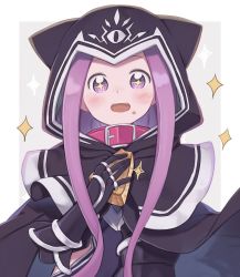 Rule 34 | + +, 1girl, animal hood, black gloves, blush, cape, cat hood, commentary request, fate/grand order, fate (series), food, food on face, gloves, happy, hood, hooded cape, long hair, medusa (fate), medusa (lancer) (fate), medusa (rider) (fate), open mouth, purple eyes, purple hair, rider, solo, sparkle, totatokeke, two-tone background, upper body, vambraces