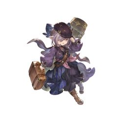 Rule 34 | 1girl, boots, bow, briefcase, granblue fantasy, hair bow, hair over one eye, harvin, hat, holding, holding briefcase, long hair, long sleeves, looking at viewer, niyon (granblue fantasy), niyon (violet anonymity) (granblue fantasy), official alternate costume, official art, pointy ears, purple hair, red eyes, simple background, solo, transparent background