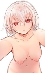 Rule 34 | 1girl, akira (otokuyou), bad id, bad twitter id, blurry, breasts, collarbone, cowboy shot, depth of field, from below, large breasts, looking at viewer, nipples, nude, open mouth, original, otokuyou, outstretched arms, red eyes, short hair, sidelocks, simple background, sketch, solo, white background, white hair