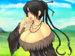 Rule 34 | 00s, 1girl, bare shoulders, black hair, blush, braid, breasts, cleavage, clenched teeth, cloud, day, dress, earrings, female focus, field, final fantasy, final fantasy x, fur-trimmed dress, fur trim, grass, hair ornament, hair over one eye, hair stick, hairpin, hand on own face, hand up, huge breasts, jewelry, lipstick, long hair, looking at viewer, lots of jewelry, lulu (ff10), makeup, mole, mole under mouth, multiple braids, nail polish, necklace, nose blush, outdoors, pink lips, pink nails, red eyes, sky, solo, square enix, standing, strapless, strapless dress, teeth, upper body, wide sleeves, yoko juusuke