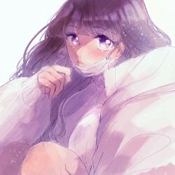 Rule 34 | 1girl, black hair, frown, hair behind ear, highres, jacket, looking at viewer, mask, mouth mask, oke (knjou g tya), original, purple eyes, ribbed sweater, sleeves past wrists, solo, squatting, sweater, white background, white jacket, white sweater