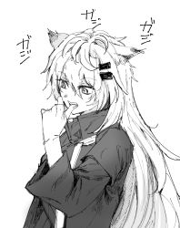 Rule 34 | 1girl, animal ears, arknights, biting, biting own thumb, coat, commentary request, greyscale, hair ornament, hairclip, hand up, highres, lappland (arknights), long hair, long sleeves, monochrome, na tarapisu153, open mouth, solo, sound effects, teeth, biting own thumb, upper body, wolf ears