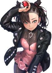 Rule 34 | 1girl, adapted costume, alternate costume, aqua eyes, asymmetrical bangs, black hair, black jacket, black nails, black pantyhose, blush, bodysuit, closed mouth, commentary request, creatures (company), dress, game freak, hair ribbon, highres, holding, holding poke ball, jacket, kilye kairi, latex, long sleeves, looking at viewer, marnie (pokemon), nail polish, nintendo, pantyhose, pink dress, poke ball, poke ball (basic), pokemon, pokemon swsh, red ribbon, ribbon, short hair, simple background, solo, white background, zipper