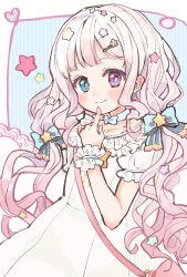 Rule 34 | 1girl, bag, blue eyes, blunt bangs, blush, choker, dress, frills, hacosumi, hair ornament, hair ribbon, hairclip, hand on own chin, hand up, heterochromia, highres, index finger raised, long hair, looking away, low twintails, original, pink hair, puffy short sleeves, puffy sleeves, purple eyes, ribbon, ribbon choker, short sleeves, shoulder bag, smile, star (symbol), star hair ornament, star ornament, strap, twintails, very long hair, wrist cuffs