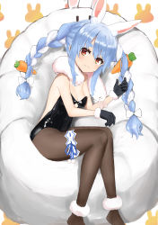 Rule 34 | 1girl, absurdres, animal ear fluff, animal ears, bare shoulders, black gloves, black leotard, black pantyhose, blue hair, blue ribbon, blush, bow, braid, breasts, carrot hair ornament, cleavage, closed mouth, don-chan (usada pekora), extra ears, feet out of frame, food-themed hair ornament, fur trim, gloves, hair between eyes, hair bow, hair ornament, hand up, highres, hololive, legband, leotard, long hair, looking at viewer, multicolored hair, nanaushi, orange eyes, pantyhose, pom pom (clothes), rabbit background, rabbit ears, rabbit girl, ribbon, sidelocks, silver hair, simple background, sitting, small breasts, smile, solo, twin braids, twintails, two-tone hair, usada pekora, usada pekora (1st costume), virtual youtuber, white background, white bow