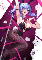 Rule 34 | 1girl, :d, ace (playing card), ace of diamonds, ace of spades, animal ears, arm ribbon, arm strap, arm up, armpits, ass, bare shoulders, between breasts, black leotard, blonde hair, blush, bow, bowtie, breasts, card, cleavage, clothing cutout, covered navel, detached collar, diamond (shape), fang, fishnet pantyhose, fishnets, from below, gradient hair, hair between eyes, hair ornament, hairband, hand on own chest, hand up, hatsune miku, heart, heart-shaped pupils, heart cutout, high heels, hip focus, jurrig, leg ribbon, leg up, legs, leotard, long hair, looking at viewer, looking down, medium breasts, midriff peek, multicolored hair, nail polish, necktie, necktie between breasts, open mouth, outstretched arm, pantyhose, pink bow, pink bowtie, playing card, pole, purple eyes, purple nails, purple ribbon, rabbit ears, rabbit girl, rabbit hair ornament, rabbit hole (vocaloid), rabbit tail, ribbon, skindentation, smile, solo, spade (shape), spaghetti strap, standing, standing on one leg, stripper pole, symbol-shaped pupils, tail, thighs, twintails, vocaloid, white hairband