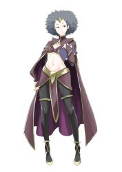 Rule 34 | 1girl, advance wars, afro, automatic giraffe, black hair, book, bridal gauntlets, cape, crossover, dark mage (fire emblem awakening), fire emblem, flat chest, lash (advance wars), looking at viewer, midriff, navel, nintendo, pantyhose, simple background, solo, standing, white background