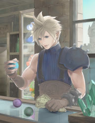 Rule 34 | 1990s (style), 1boy, blonde hair, blue eyes, cloud strife, dune (duneart), earrings, final fantasy, final fantasy vii, gloves, jewelry, male focus, materia, money, muscular, shop, shopping, solo
